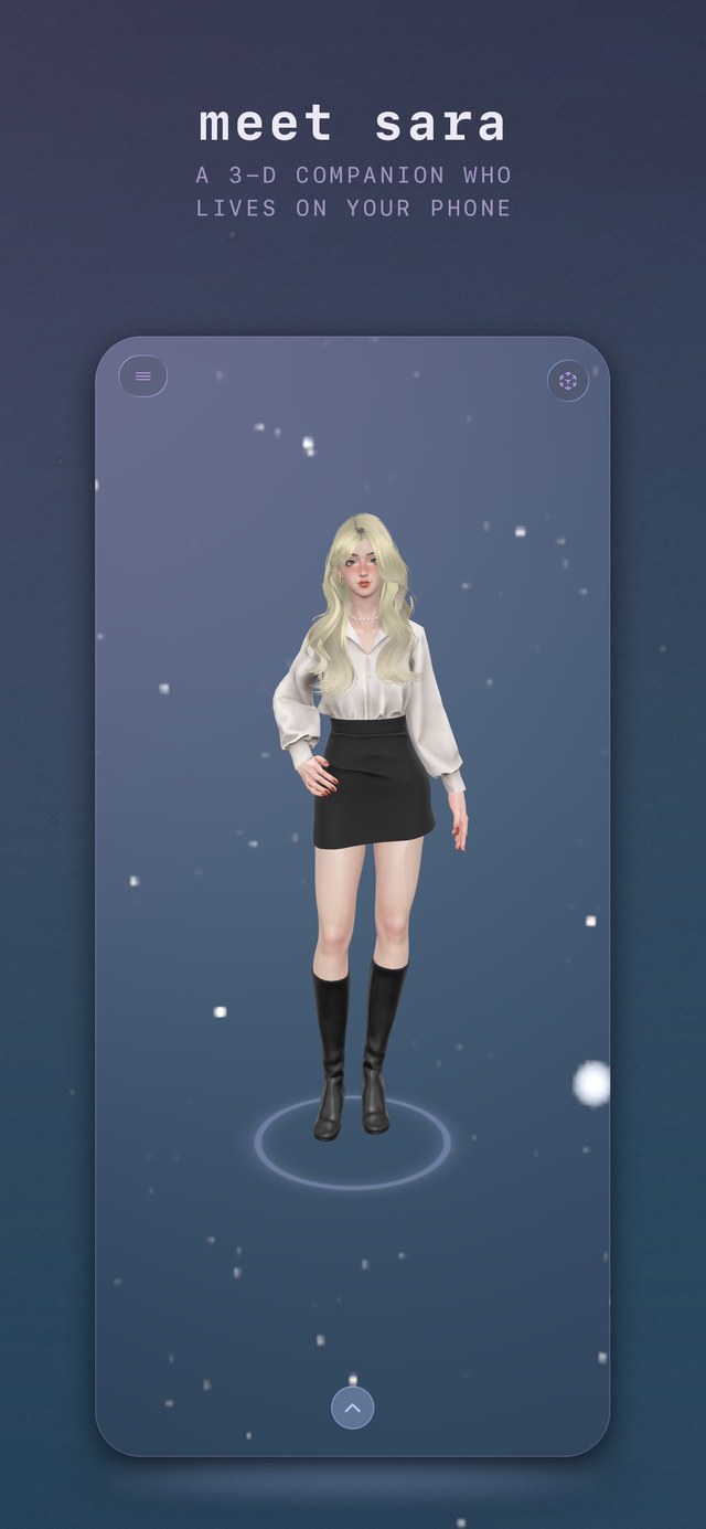 Vesper:Chat on an iPhone: Sara, a 3-D companion, standing on the stage above the chat